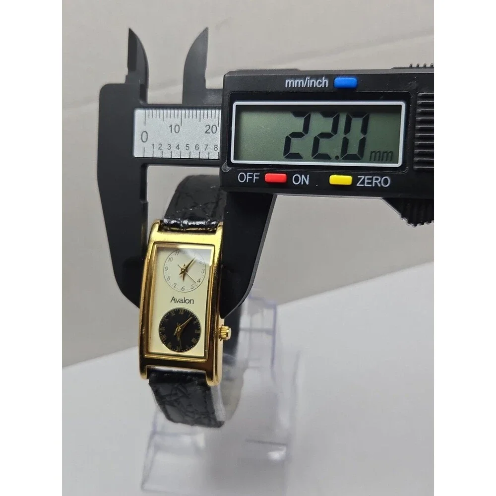 Vintage Avalon Dual Time 22mm Tank Gold Tone Leather Dress Watch New Battery